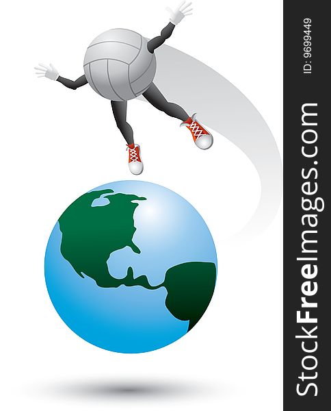 Volleyball cartoon character flying around the world. Volleyball cartoon character flying around the world