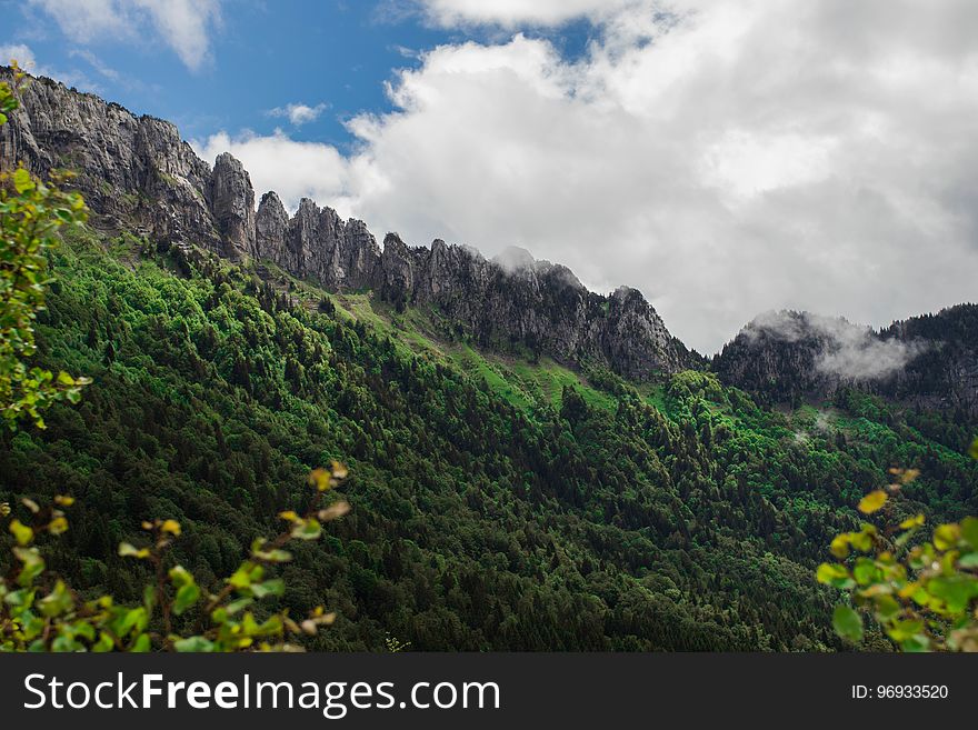 Green Trees and Mountains Under White and Blue Clouds