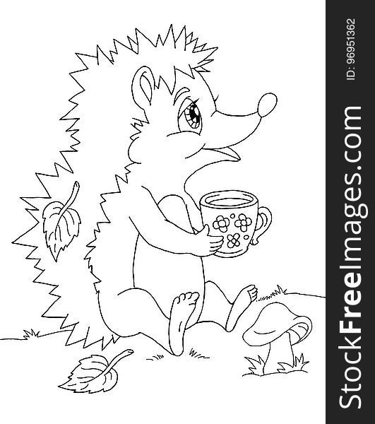 Coloring book page with funny cartoon hedgehog