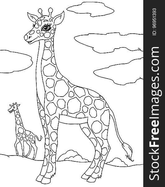 Coloring book page with funny giraffes. Coloring book page with funny giraffes