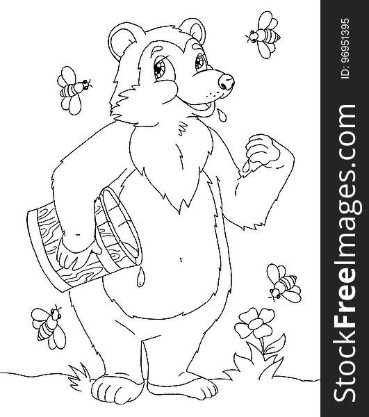 Coloring book page with big bear eating honey. Coloring book page with big bear eating honey