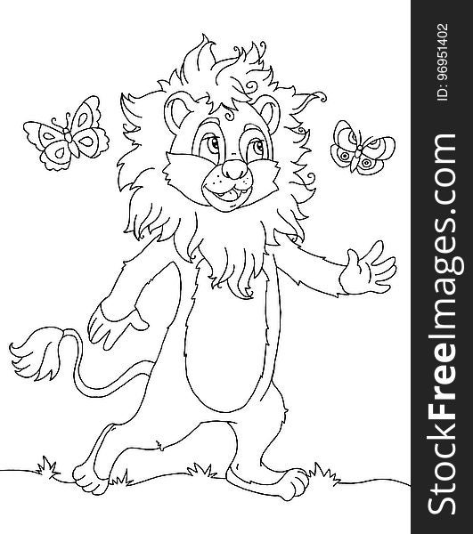 Coloring book page with cartoon lion playing with butterfly. Coloring book page with cartoon lion playing with butterfly