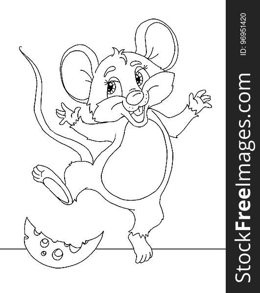 Coloring book page with mouse and cheese. Coloring book page with mouse and cheese