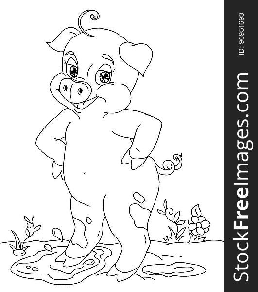 Coloring book page with funny cartoon pig. Coloring book page with funny cartoon pig