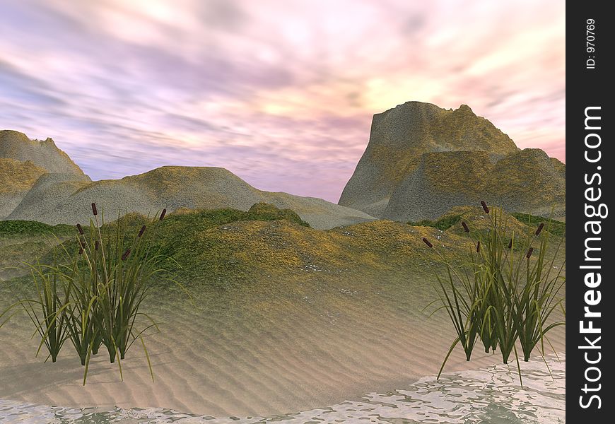 Rendered in Vue, a simple beach with some cattails. Good for backgrounds. Rendered in Vue, a simple beach with some cattails. Good for backgrounds.