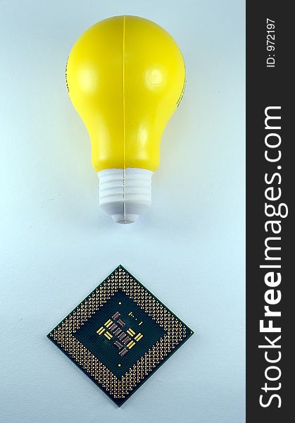 Yellow bulb and chip showing an idea being conceived. Yellow bulb and chip showing an idea being conceived