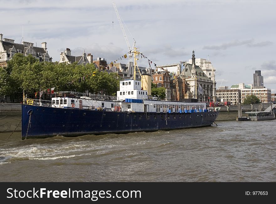 Some old ship anchored up along the river Thames in London. Some old ship anchored up along the river Thames in London