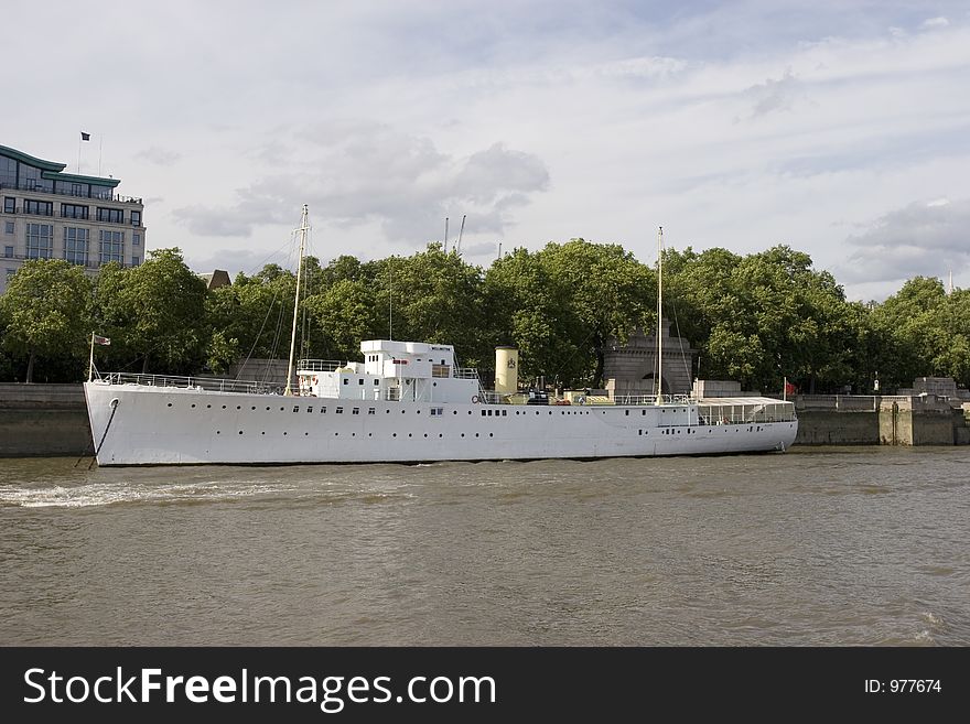 An old vintage ship anchored up along river Thames, London. An old vintage ship anchored up along river Thames, London