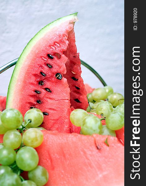 Grapes and watermelon in closeup