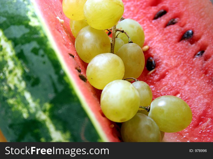 Grapes and watermelon in closeup