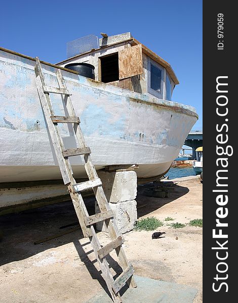 Boat in dry dock with ladder, Nassau, Bahamas