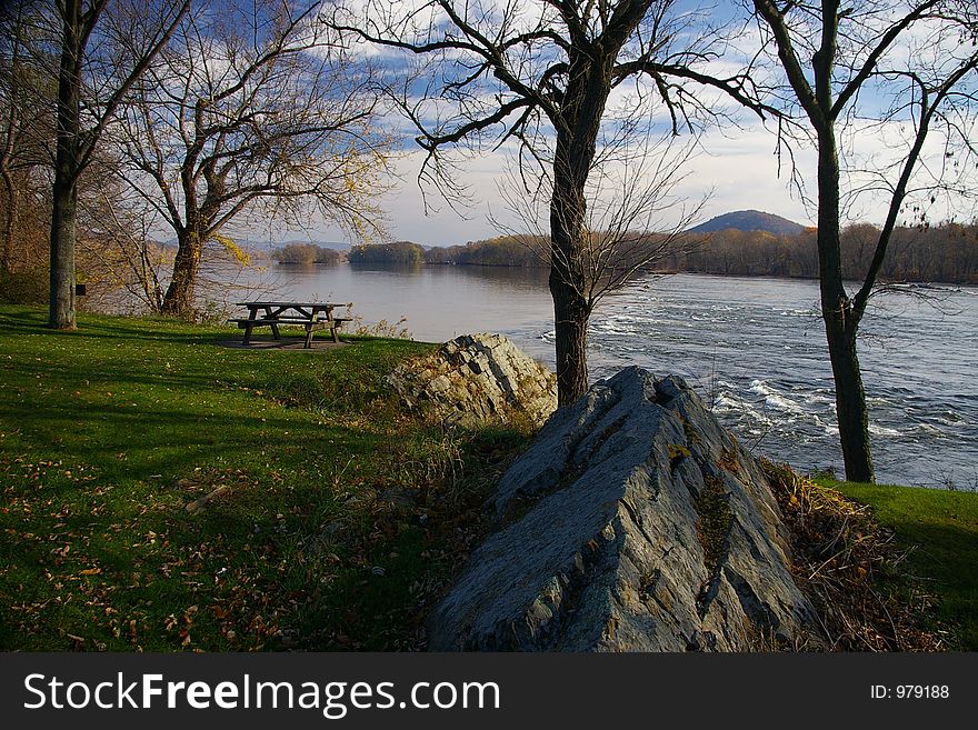 Mckee's Rocks on the Susquehanna River is best seen from a rest stop and picnic area located on Route 11/15, Snyder County, Pennsylvania