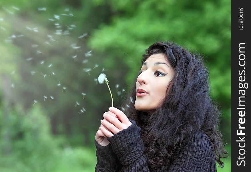 Summer fun, young beautiful woman with magnificent hair, blowing dandelion on the meadow. Summer fun, young beautiful woman with magnificent hair, blowing dandelion on the meadow