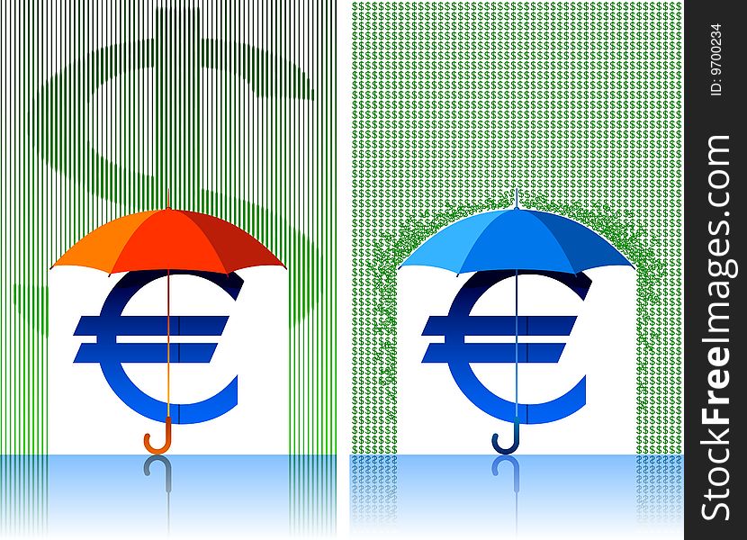 Vector illustration of an euro sign under umbrella and falling dollar. Vector illustration of an euro sign under umbrella and falling dollar.