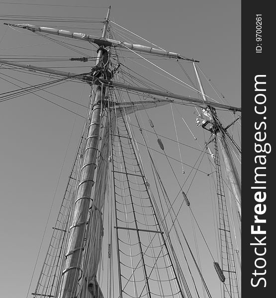 Looking up the masts of a sailing ship.