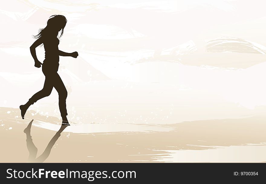 Vector illustration of a woman jogging at the beach