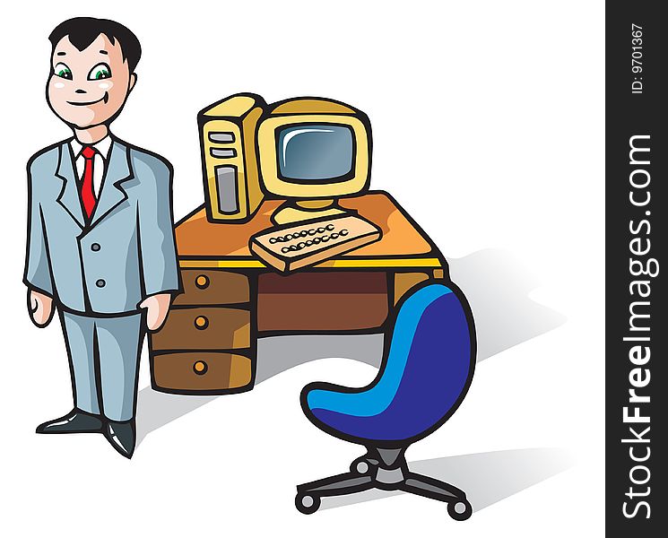 Office clerk, in front of working table with computer, vector illustration