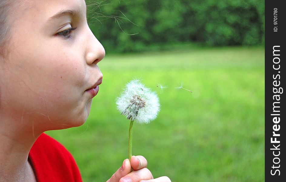 Girl blowing dandelion