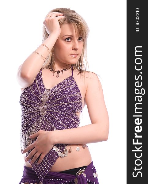 Indian dance. Young woman on white background.