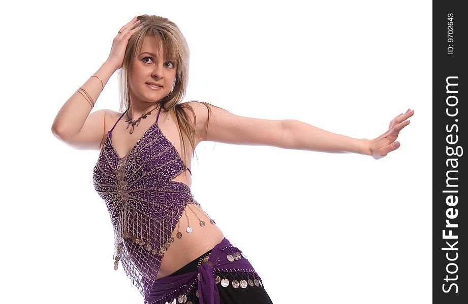 Indian dance. Young woman on white background.