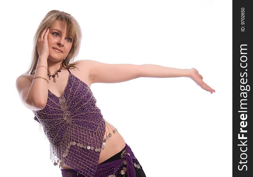 Indian dance. Young woman on white background.