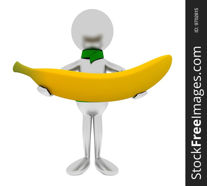 3D man holds a banana isolated on white. 3D man holds a banana isolated on white.