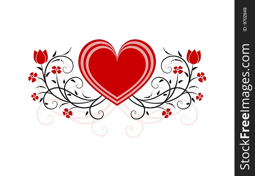 Illustrated heart with ornamental flowers and blossoms