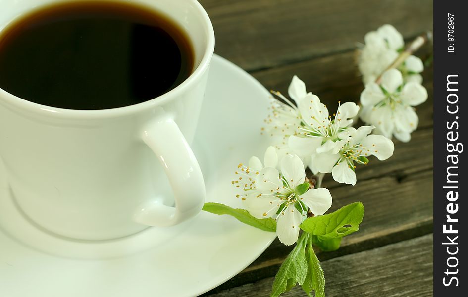 Cup of coffee and white flowers, closeup