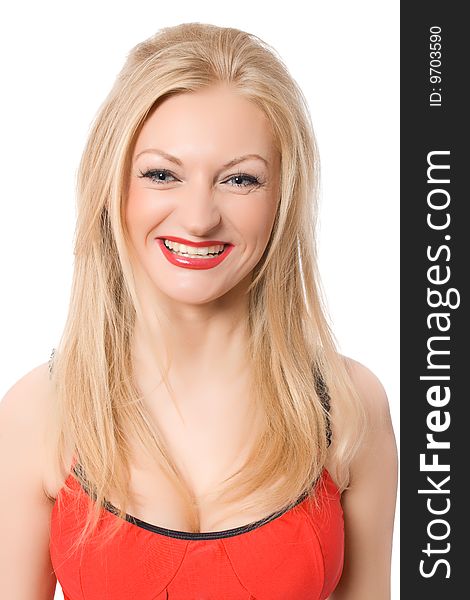 blonde in red top isolated on white with clipping path. blonde in red top isolated on white with clipping path