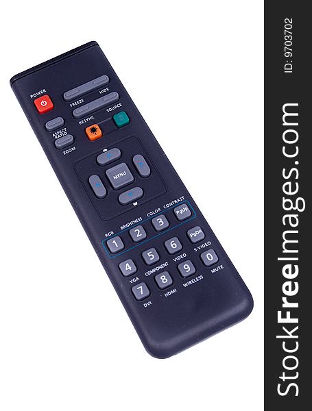 Black multimedia remote control isolated on white with clipping path