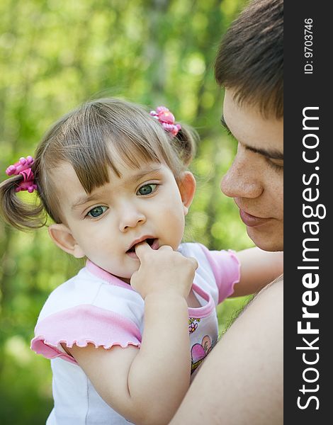 Happy Father And Little Daughter Outdoor In Summer