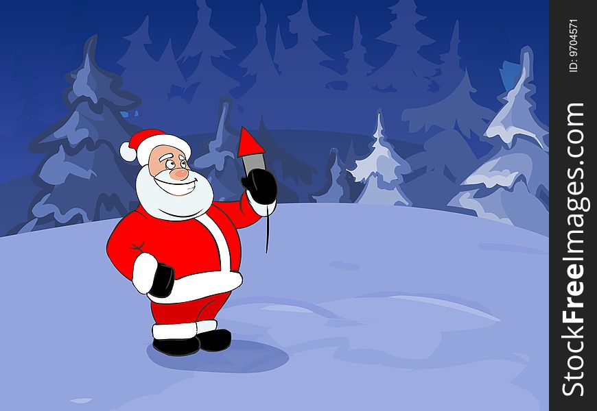 Illustration. Funny Santa Claus with skyrocket in his hand. Winter background.