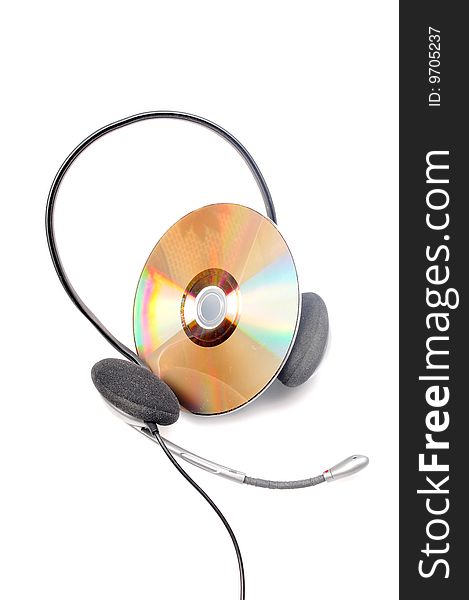 Headphone and compact disc isolated on white background.