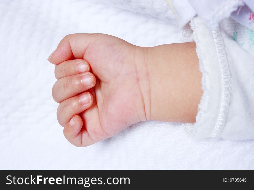 Hand of new born baby on a white blanket. Hand of new born baby on a white blanket