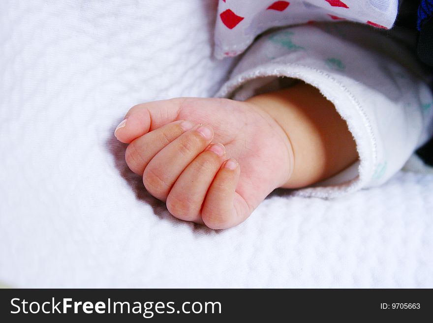 Hand of new born baby on a white blanket. Hand of new born baby on a white blanket