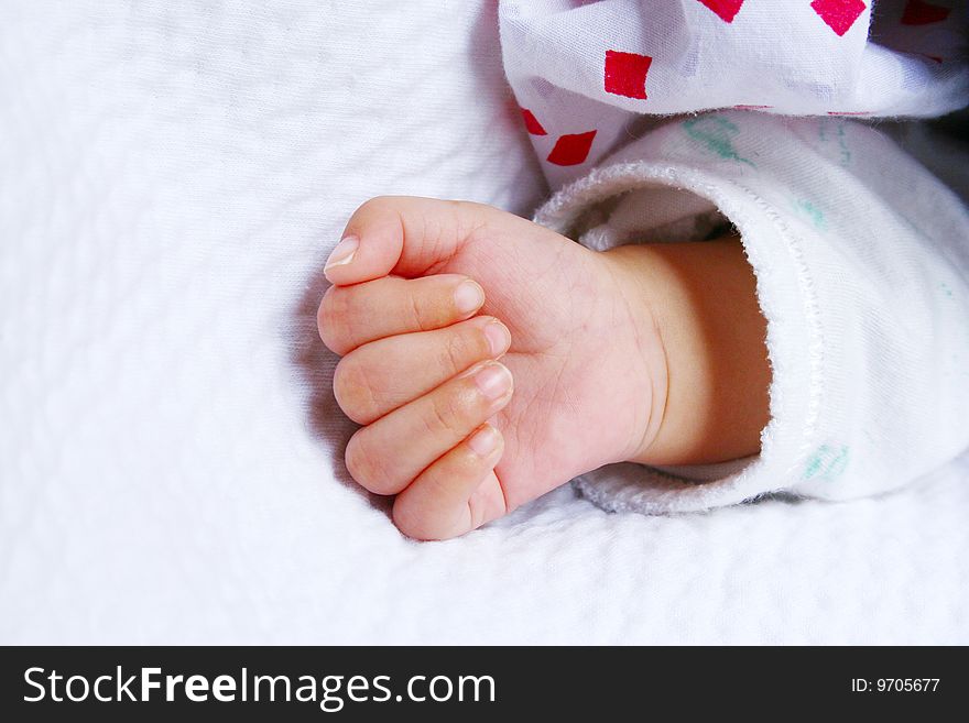 Hand of new born baby on a white blanket. Hand of new born baby on a white blanket