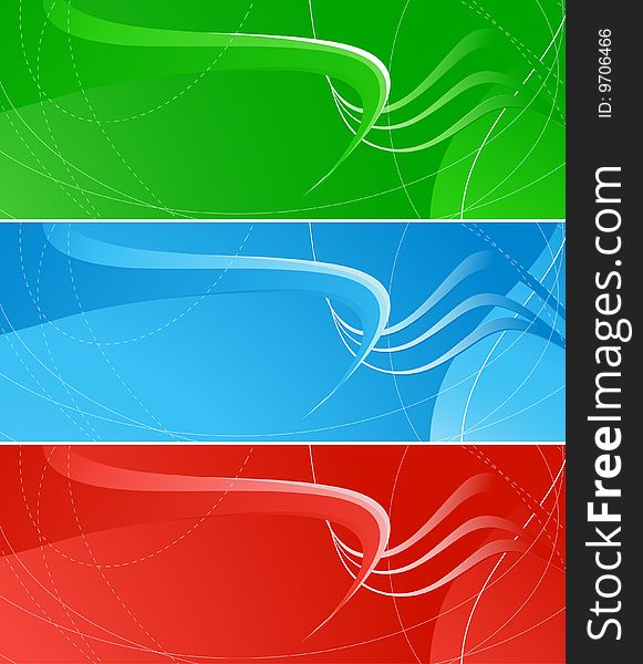 Set of three bright banners, red, green and blue