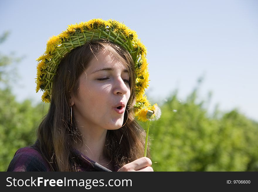 Young girl blowing seeds of a dandelion flower. Young girl blowing seeds of a dandelion flower