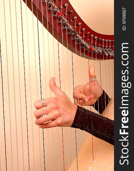 Hands closeup of Woman musician playing a harp