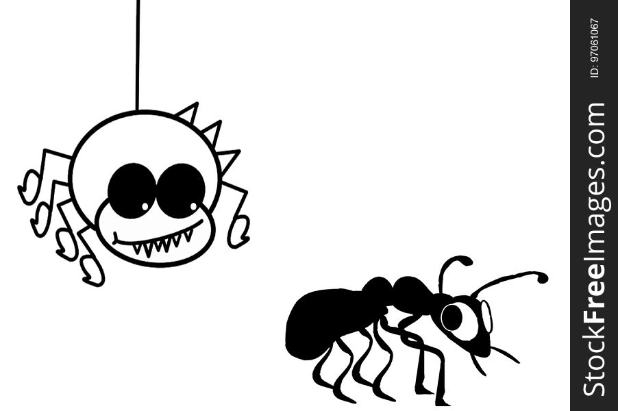 Spider scrolling down harassing an ant. Black and white illustration