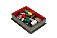 Wooden Casket With Colorful Threads Isolated Stock Photos