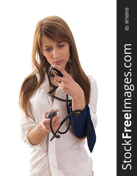 Female doctor with stethoscope on white backgrounds. Female doctor with stethoscope on white backgrounds