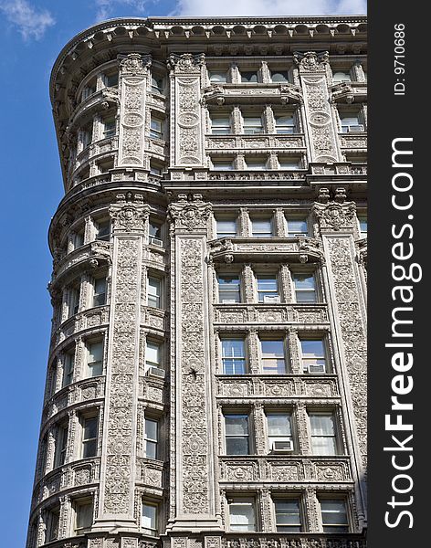 Old classic New York, Manhattan building with stone curved walls - details