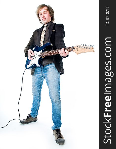 Man playing electro guitar, isolated on white background