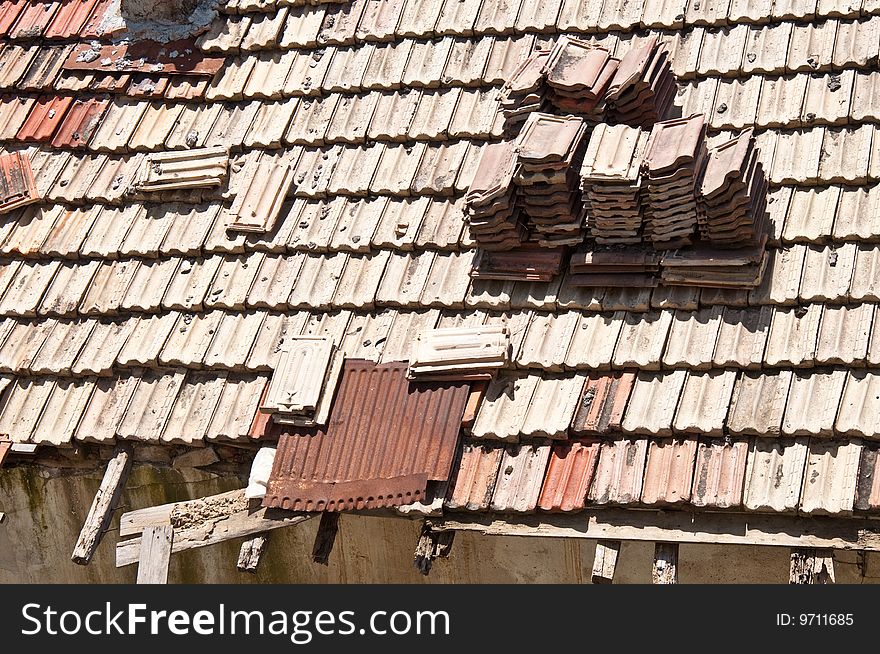 Tile fragments on house roofs