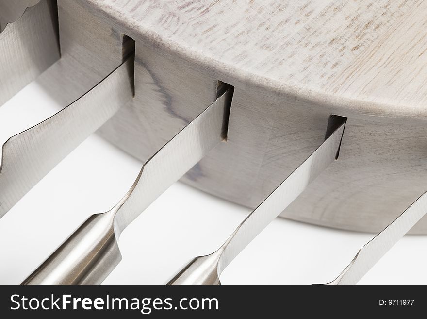 A set of kitchen knives in close-up