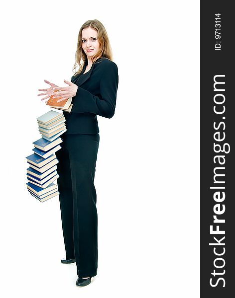Young pretty girl with falling pile of books. Young pretty girl with falling pile of books