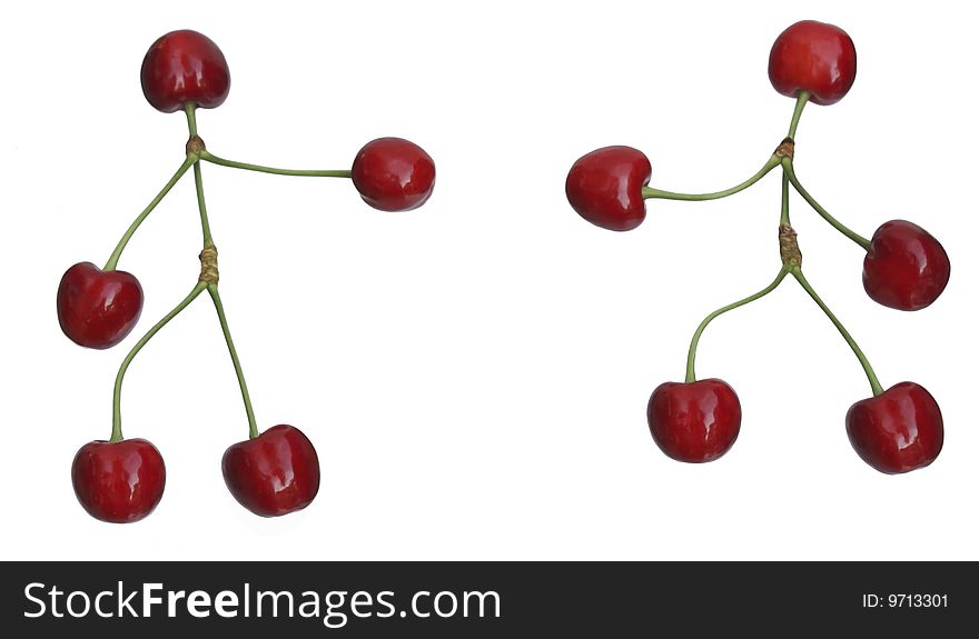 Red, juicy cherries dance on white background. Red, juicy cherries dance on white background