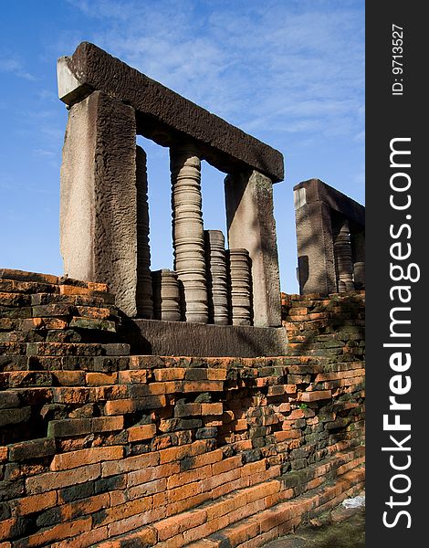 Antique pillar at a window from Muang-Kaek stone castle in Thailand.