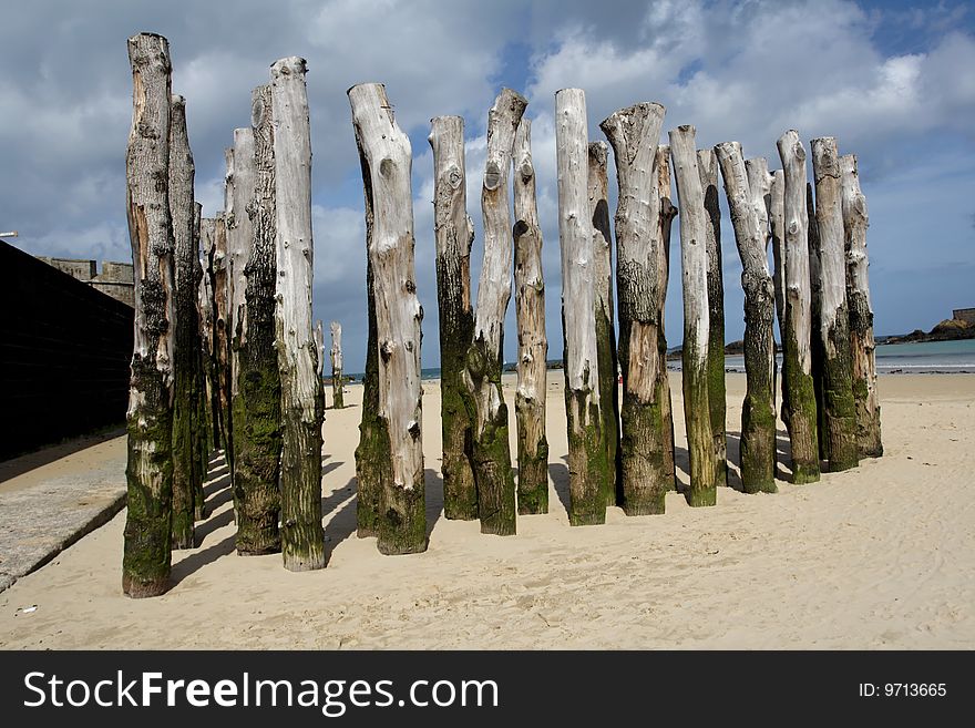 Poles placed in the beach. Poles placed in the beach